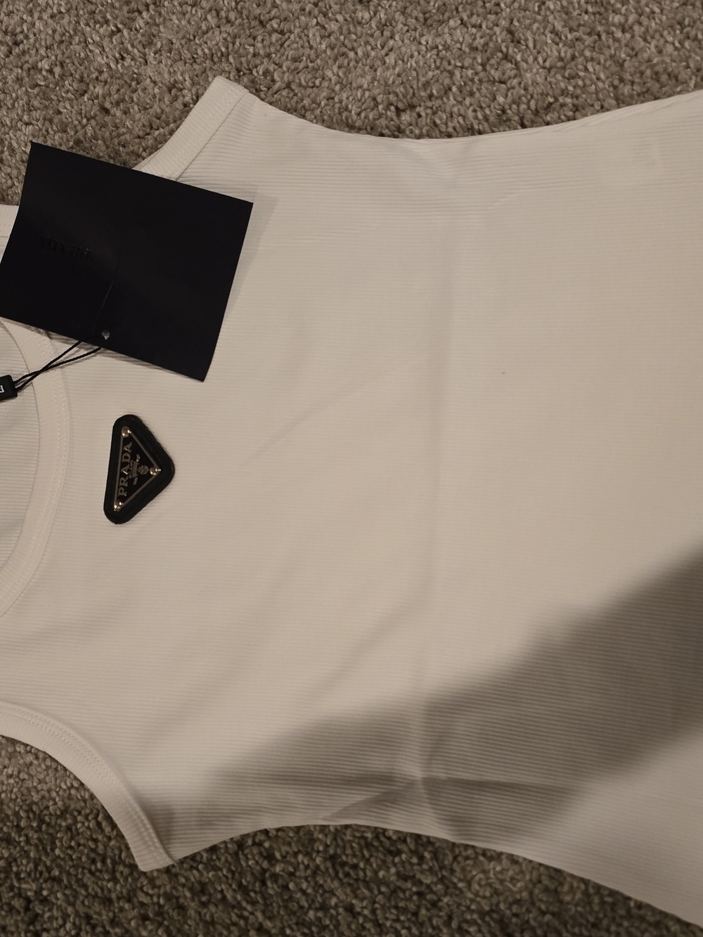Prada Cream Ribbed Tank with Triangular Logo Plaque - Picture 2 of 9